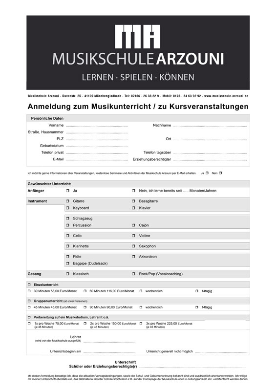 Anmeldeformular Musikschule Arzouni